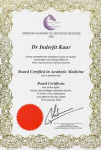 Dr Inderjit Kaur Board Certificate in Aesthetic Medicine