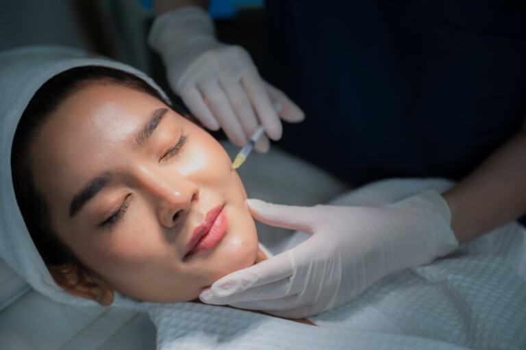 young asian woman making vampire facial treatment